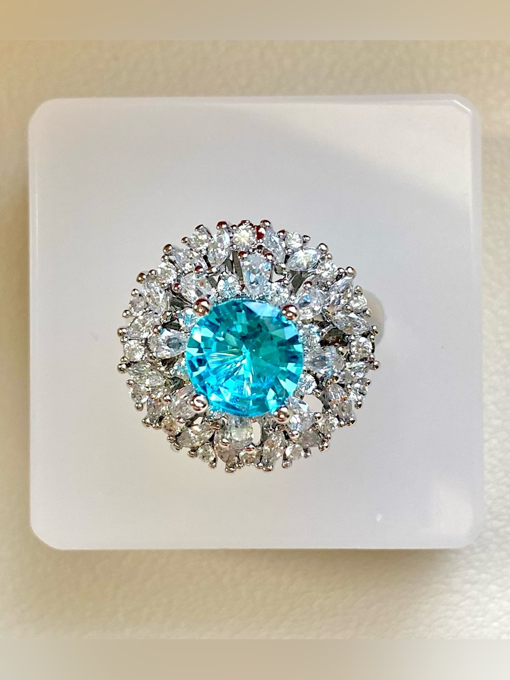 Classic Halo Ring with Aqua Blue Center